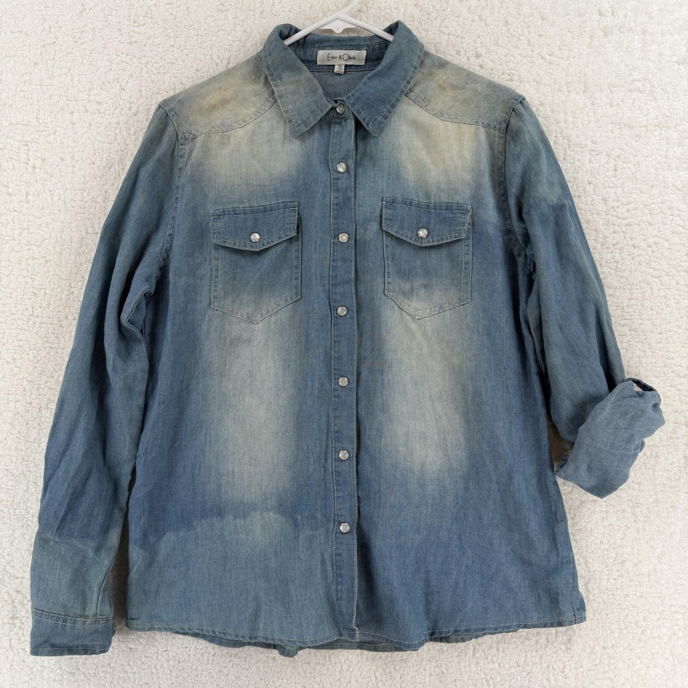 Eden & Olivia Shirt Womens Medium Blue Chambray Denim Snap Button Up Long Sleeve